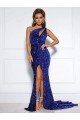 Affordable Mermaid One Shoulder Sleeveless Long Court Train Velvet Sequin Prom Dress with Slit UK