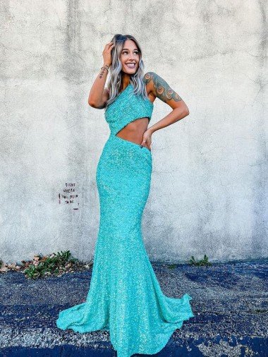 Affordable Mermaid One Shoulder Sleeveless Long Sweep Train Velvet Sequin Prom Dress UK