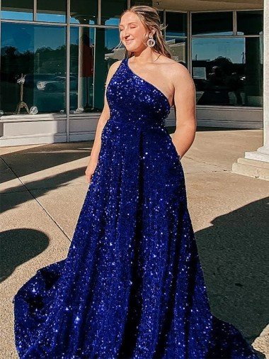 Affordable A-Line One Shoulder Sleeveless Long Sweep Train Velvet Sequin Prom Dress with Pockets UK