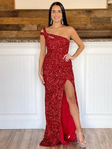 Affordable One Shoulder Sleeveless Long Sweep Train Velvet Sequin Prom Dress UK