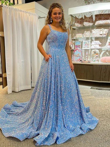 Affordable A-Line Scoop Sleeveless Long Court Train Velvet Sequin Prom Dress UK