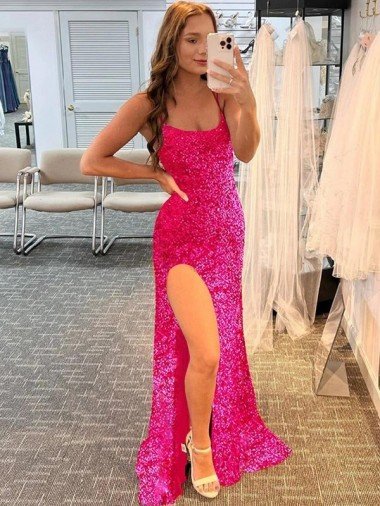 Affordable Spaghetti Straps Sleeveless Long Velvet Sequin Prom Dress with Slit and Criss Cross Open Back UK