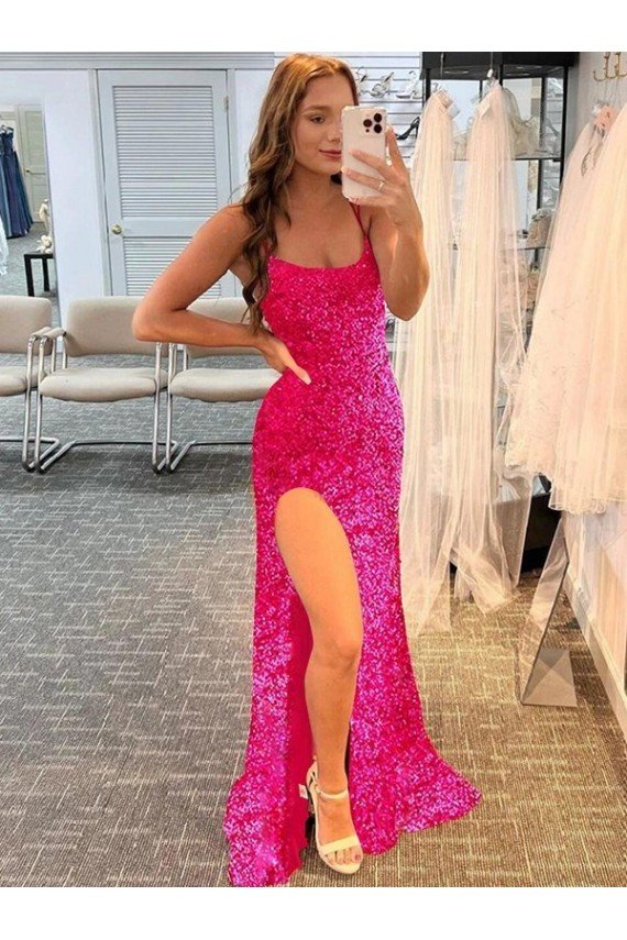 Affordable Spaghetti Straps Sleeveless Long Velvet Sequin Prom Dress with Slit and Criss Cross Open Back UK