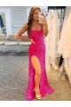 Affordable Spaghetti Straps Sleeveless Long Velvet Sequin Prom Dress with Slit and Criss Cross Open Back UK