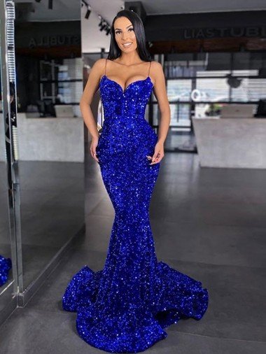 Affordable Mermaid Spaghetti Straps Sleeveless Long Sweep Train Velvet Sequin Prom Dress UK