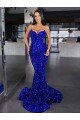 Affordable Mermaid Spaghetti Straps Sleeveless Long Sweep Train Velvet Sequin Prom Dress UK