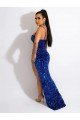 Affordable Long Sweep Train Spaghetti Straps Sleeveless Velvet Sequin Prom Dress with Slit UK