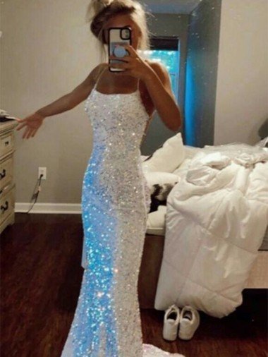 Affordable Long Spaghetti Straps Sleeveless Sweep Train Velvet Sequin Prom Dress UK