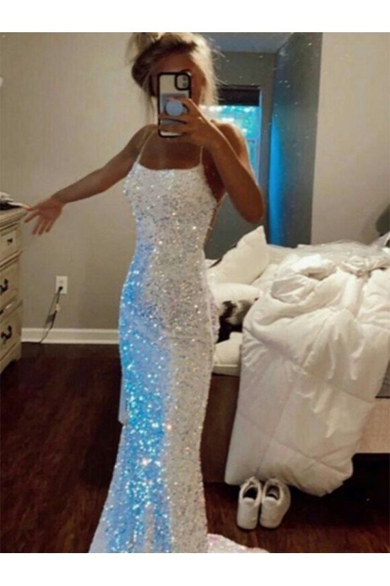 Affordable Long Spaghetti Straps Sleeveless Sweep Train Velvet Sequin Prom Dress UK