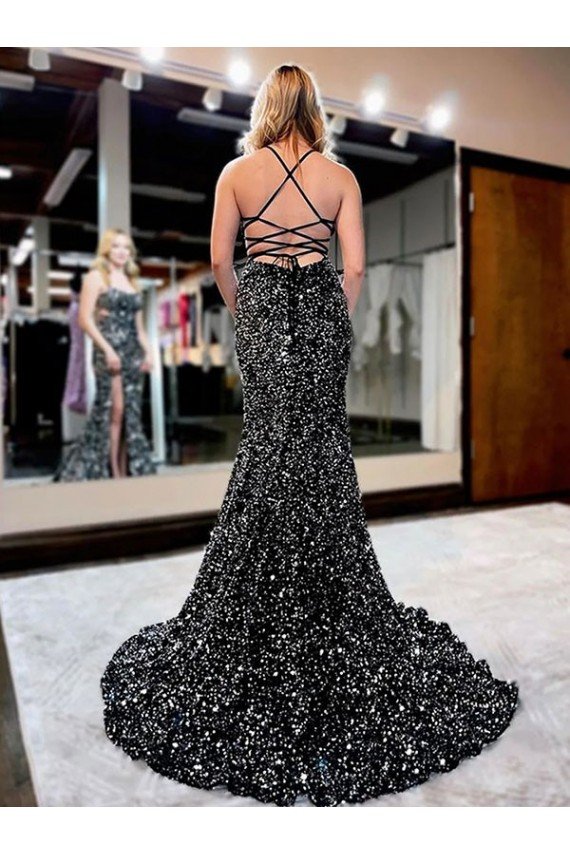 Affordable Spaghetti Straps Sleeveless Long Sweep Train Velvet Sequin Prom Dress UK