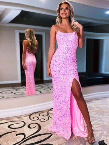 Affordable Spaghetti Straps Sleeveless Long Sweep Train Velvet Sequin Prom Dress with Slit UK