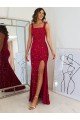 Affordable Square Neck Sleeveless Long Velvet Sequin Prom Dress with Slit UK