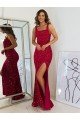 Affordable Square Neck Sleeveless Long Velvet Sequin Prom Dress with Slit UK