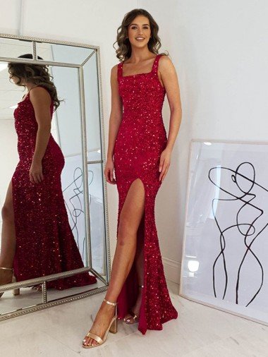 Affordable Square Neck Sleeveless Long Velvet Sequin Prom Dress with Slit UK