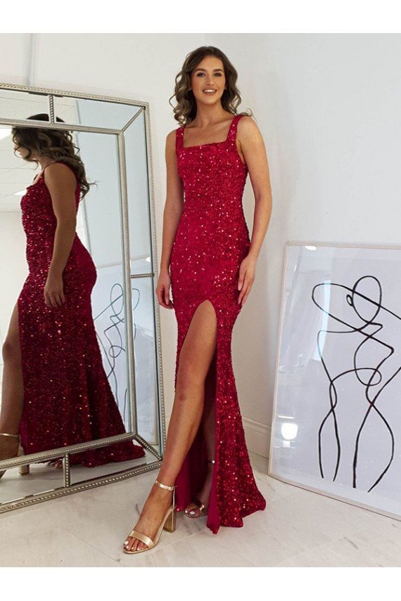 Affordable Square Neck Sleeveless Long Velvet Sequin Prom Dress with Slit UK