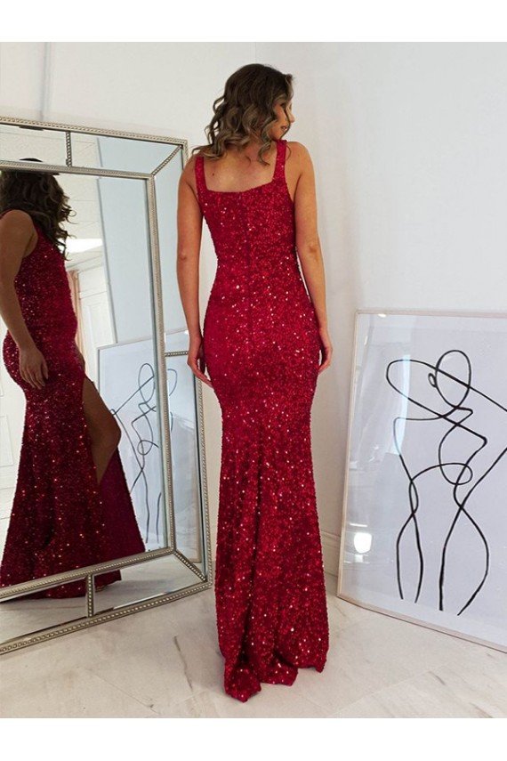 Affordable Square Neck Sleeveless Long Velvet Sequin Prom Dress with Slit UK