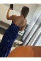 Affordable Strapless Sleeveless Long Sweep Train Velvet Sequin Prom Dress with Side Slit UK