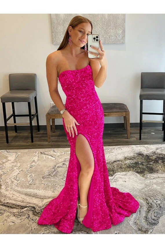 Affordable Strapless Sleeveless Long Sweep Train Velvet Sequin Prom Dress with Side Slit UK