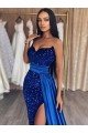 Affordable Sweetheart Sleeveless Long Sweep Train Velvet Sequin Prom Dress with Slit UK