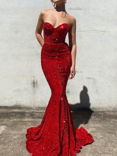 Affordable Mermaid Sweetheart Sleeveless Long Court Train Velvet Sequin Prom Dress UK