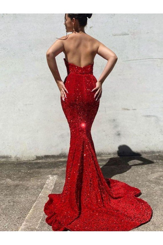 Affordable Mermaid Sweetheart Sleeveless Long Court Train Velvet Sequin Prom Dress UK