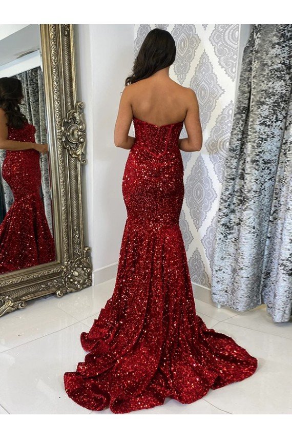 Affordable Sweetheart Sleeveless Long Court Train Velvet Sequin Prom Dress UK