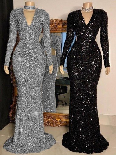 Affordable V-Neck Long Sleeves Long Sweep Train Velvet Sequin Prom Dress UK