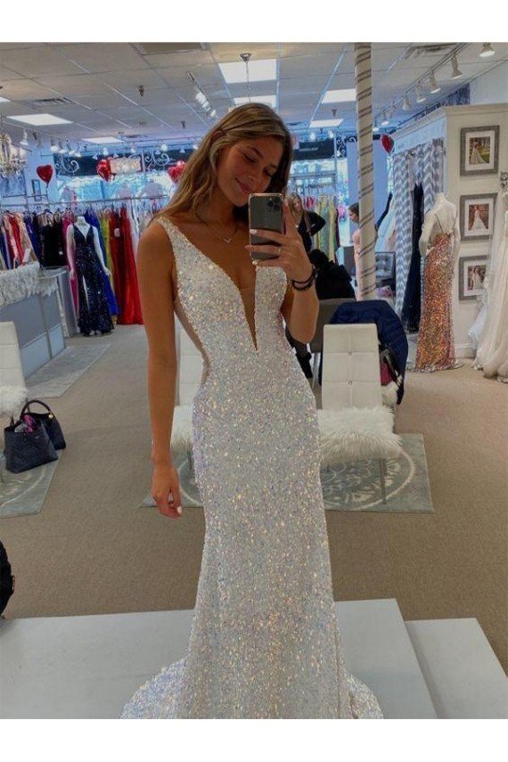 Affordable V-Neck Sleeveless Long Velvet Sequin Prom Dress with Sweep Train UK