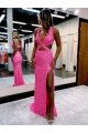 Affordable Long V-Neck Sleeveless Sweep Train Velvet Sequin Prom Dress with High Slit UK