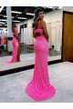 Affordable Long V-Neck Sleeveless Sweep Train Velvet Sequin Prom Dress with High Slit UK