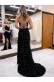 Affordable V-Neck Sleeveless Long Velvet Sequin Royal Blue Prom Dress with Side Slit UK