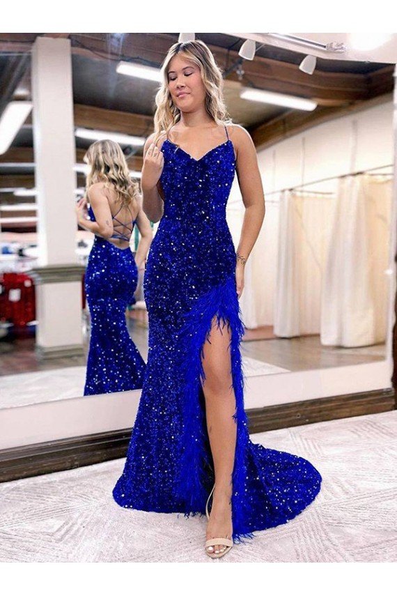 Affordable V-Neck Sleeveless Long Velvet Sequin Royal Blue Prom Dress with Side Slit UK