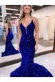 Affordable Mermaid V-Neck Sleeveless Long Court Train Velvet Sequin Prom Dress UK