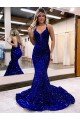 Affordable Mermaid V-Neck Sleeveless Long Court Train Velvet Sequin Prom Dress UK