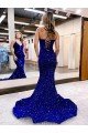 Affordable Mermaid V-Neck Sleeveless Long Court Train Velvet Sequin Prom Dress UK