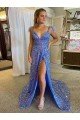 Affordable A-Line V-Neck Sleeveless Long Court Train Velvet Sequin Prom Dress with High Slit UK