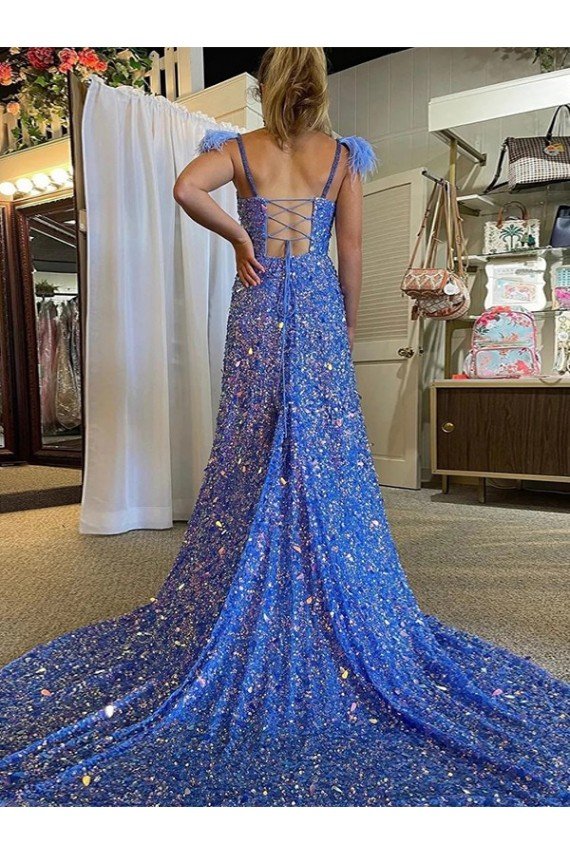 Affordable A-Line V-Neck Sleeveless Long Court Train Velvet Sequin Prom Dress with High Slit UK