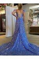 Affordable A-Line V-Neck Sleeveless Long Court Train Velvet Sequin Prom Dress with High Slit UK