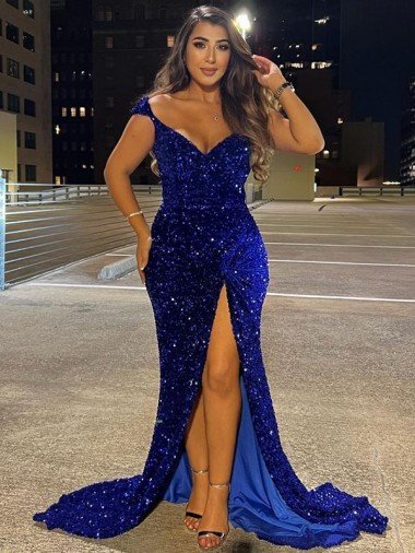 Affordable V-Neck Sleeveless Long Sweep Train Velvet Sequin Prom Dress with Slit UK