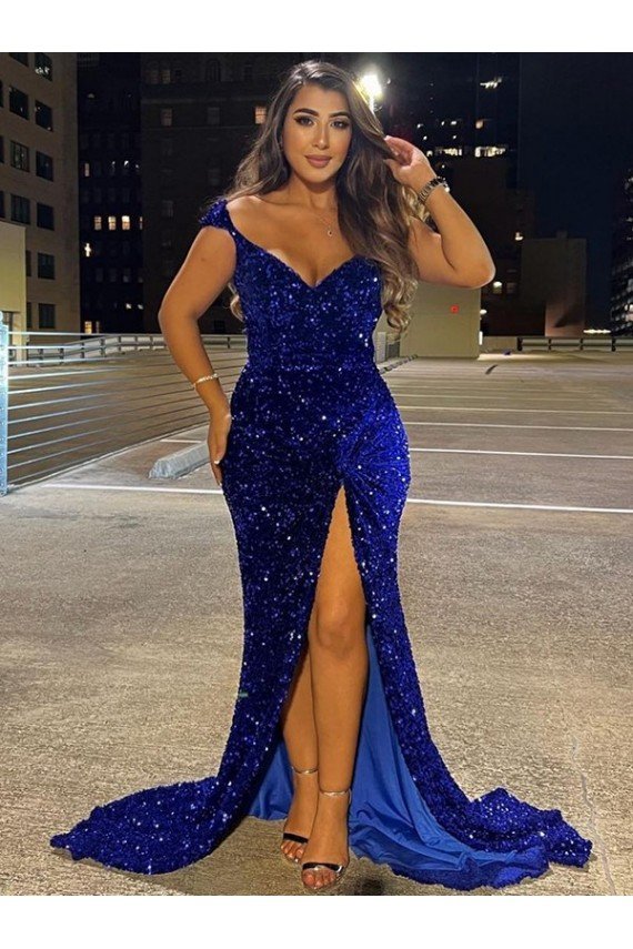 Affordable V-Neck Sleeveless Long Sweep Train Velvet Sequin Prom Dress with Slit UK