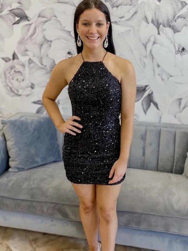 Affordable Halter Sleeveless Short Velvet Sequin Homecoming Dress / Prom Dress UK