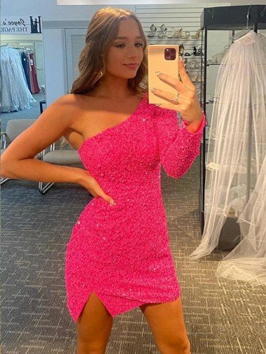 Affordable Short Velvet Sequin One Shoulder Long Sleeves Homecoming Dress / Prom Dress UK