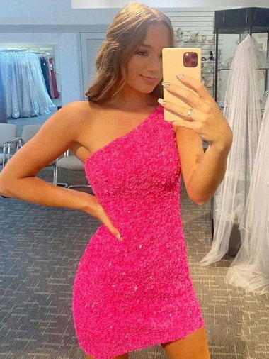 Affordable Short One Shoulder Sleeveless Velvet Sequin Homecoming Dress / Prom Dress UK