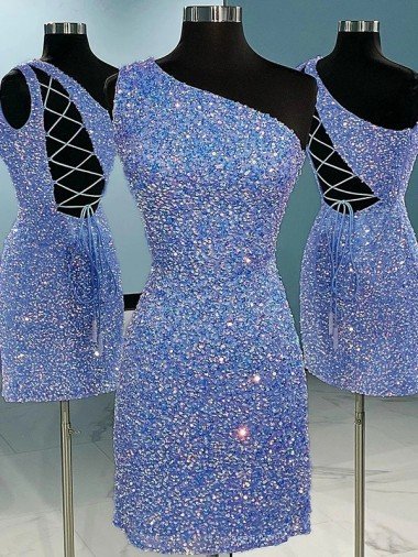 Affordable Short Velvet Sequin One Shoulder Sleeveless Homecoming Dress / Prom Dress UK