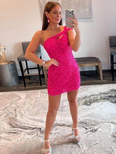 Affordable Velvet Sequin One Shoulder Sleeveless Short Homecoming Dress / Prom Dress UK