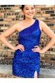 Affordable One Shoulder Sleeveless Short Velvet Sequin Royal Blue Homecoming Dress / Prom Dress UK