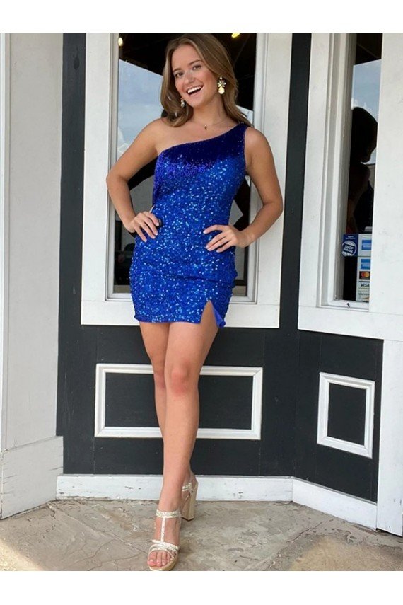 Affordable One Shoulder Sleeveless Short Velvet Sequin Royal Blue Homecoming Dress / Prom Dress UK