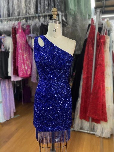 Affordable One Shoulder Keyhole Sleeveless Short Velvet Sequin Homecoming Dress / Prom Dress UK