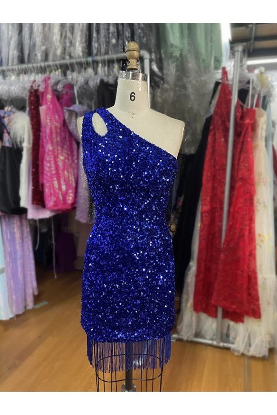 Affordable One Shoulder Keyhole Sleeveless Short Velvet Sequin Homecoming Dress / Prom Dress UK