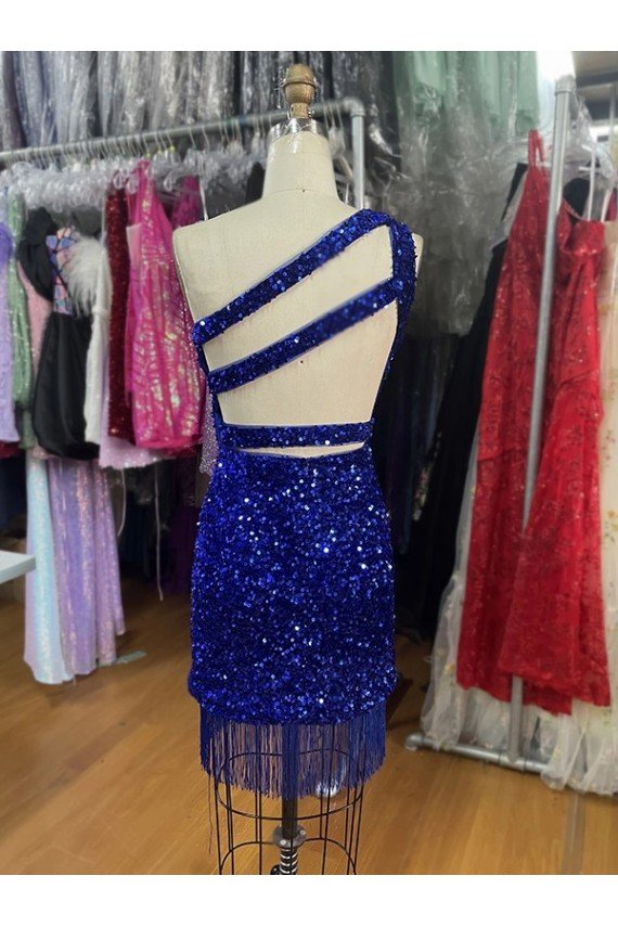 Affordable One Shoulder Keyhole Sleeveless Short Velvet Sequin Homecoming Dress / Prom Dress UK